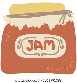 Cozy Jar of Jam. Hand drawing cute cozy illustration in kids style. Childish adorable cottagecore hand drawn element. Vector isolated on white