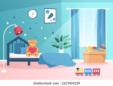 Cozy Kids Bedroom Interior with Furniture Like Bed, Toys, Wardrobe, Bedside Table, Vase, Chandelier in Modern Style in Cartoon Vector Illustration