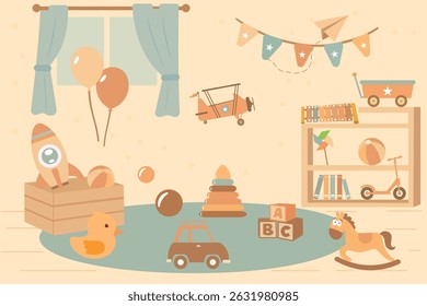 Cozy kids playroom with toys, books, rocking horse, and scooter. Flat cartoon vector illustration in warm pastel colors. Perfect for nursery and early education designs.