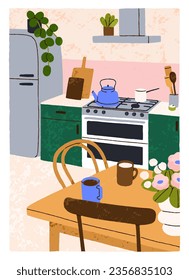 Cozy kitchen card. Cosy hygge home interior. Comfortable furniture, dining table with tea cup, flowers in vase, plants, kettle, utensils. Scandinavian house, apartment design. Flat vector illustration