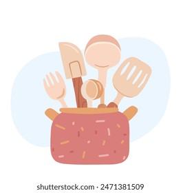 Cozy kitchen concept. Hand drawn kitchen utensils set in a pot. 