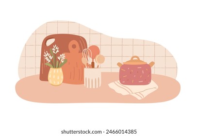 Acogedor concepto de cocina aislado. Dibujado a mano ilustración de utensilios de cocina, tabla de cortar, una olla con alimentos