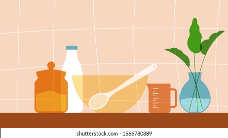Cozy kitchen. Cooking: bowl, measuring cup, sugar, milk. Vase with a plant. Modern illustration in warm neutral colors.