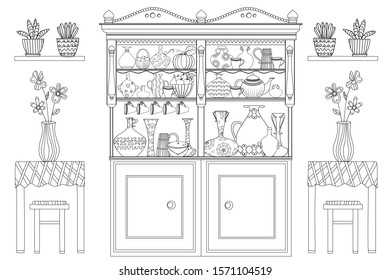 cozy kitchen with cupboard and vases of flowers on tables. outline drawing for your coloring page