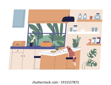 Cozy kitchen and dining room interior with furniture and houseplants in Scandinavian style. Cat sitting on chair at table with food at home. Hygge concept. Flat vector illustration isolated on white