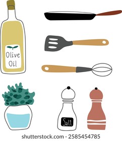 Cozy kitchen essentials, salt and pepper, pan, herbs, spatula.