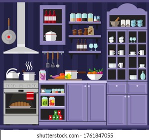 Cozy kitchen with furniture, food, dishes and equipment. Vector illustration on the theme of home interior and cooking.