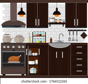 Cozy kitchen with furniture, food, dishes and equipment. Vector illustration on the theme of home interior and cooking.