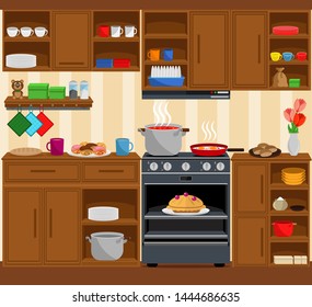 Cozy kitchen with furniture, kitchenware, stove and oven. Vector illustration on the theme of interior and cooking.