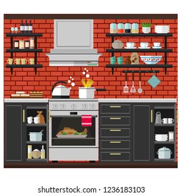 Cozy kitchen with gas stove, hood and kitchen furniture on the background of a red brick wall. Vector illustration.