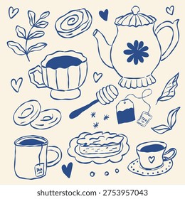 Cozy kitchen handdrawn tea set. Delightful blue line drawings of tea items and sweet foods