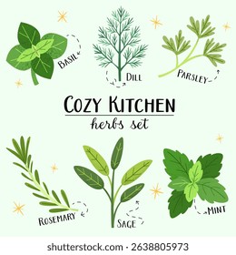 Cozy kitchen herb collection with watercolor green leaves and culinary plants like basil, thyme, mint, and dill. Hand-drawn botanical set for cooking, recipes, or kitchen decor.