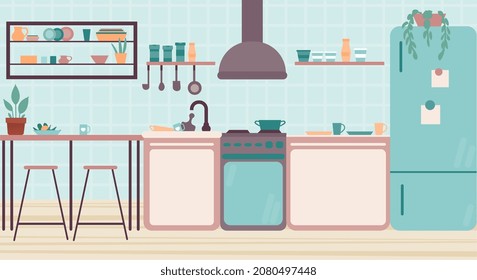 Cozy kitchen interior concept. Modern room with furniture, refrigerator, stove and bar counter. Equipment for cooking. Design element for web and social networks. Cartoon flat vector illustration