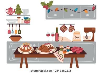 Acogedor interior de la cocina. Cocina decorada con una mesa de juego con Navidades, bollería y utensilios de cocina. Ilustración vectorial de un interior festivo decorado en un estilo invernal tradicional. Cocinar y