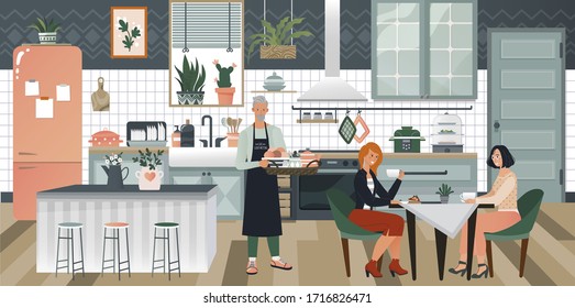 Cozy kitchen interior design with stove, cupboard and dishes, man serving breakfast to women, dining room flat hyggie style vector illustration. Cosy kitchen home interior design and people at rest.