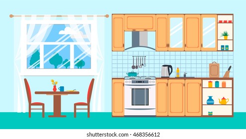 Cozy kitchen interior in flat style kitchen cabinets, dining area near a window, vector illustration