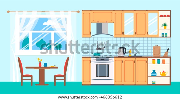 Cozy Kitchen Interior Flat Style Kitchen Stock Vector Royalty Free 468356612