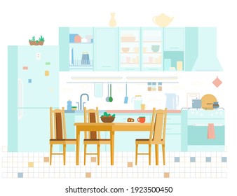 Cozy Kitchen Interior Flat Vector Illustration. Wooden Furniture, Table With Chairs, Stove, Utensils, Fridge, Shelfs, Sink, Plate Rack.