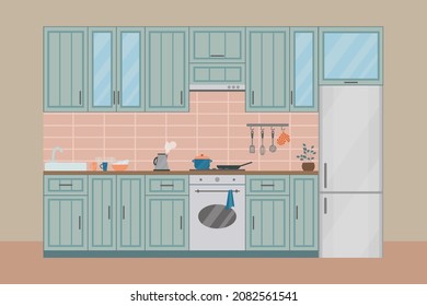 Cozy kitchen interior, flat vector illustration. Refrigerator, furniture, oven, flowerpot, kettle, dish towel, crockery.