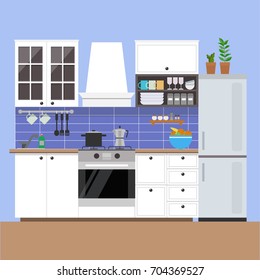 Cozy kitchen interior in french Provencal style. Flat style, vector graphic design template