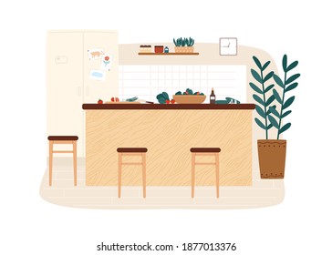 Cozy kitchen interior with fridge, modern table and food ingredient on it. Hygge design of dining room. Dinner preparation at comfortable cooking area. Vector illustration in flat style