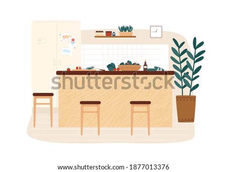 Cozy kitchen interior with fridge, modern table and food ingredient on it. Hygge design of dining room. Dinner preparation at comfortable cooking area. Vector illustration in flat style