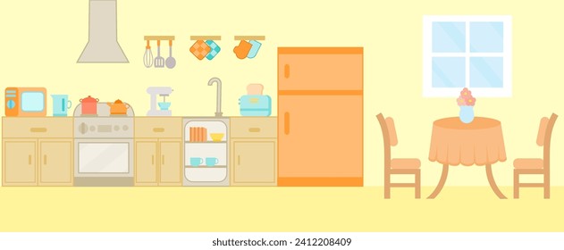 Cozy kitchen interior with furniture and cooking appliances.Utensils.Dining area in the house.Restaurant or cafe.Elements and furniture of room decor.Graphic.Flat design.Cartoon vector illustration.