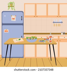 Cozy kitchen interior with furniture. Dining Room design in pastel colours with wooden furniture. Indoor home decor. Modern kitchen interior design in flat vector style.