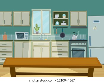 Cozy Kitchen Interior With Furniture,  Fridge And Utencils. Table In Front. Flat Cartoon Style Vector Illustration.