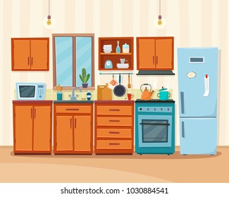 Cozy kitchen interior with furniture and stove, cupboard, dishes, fridge and utensils. Flat cartoon style vector illustration.