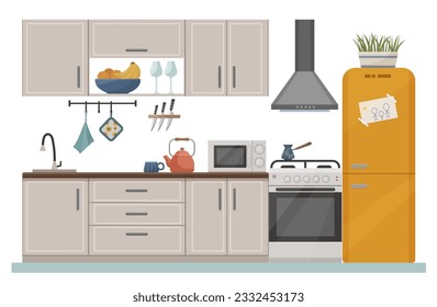 Cozy kitchen interior with furniture, stove and drawer. Decor for the kitchen. Kitchen furniture. Refrigerator, microwave, kettle, mug. Vector in flat style.