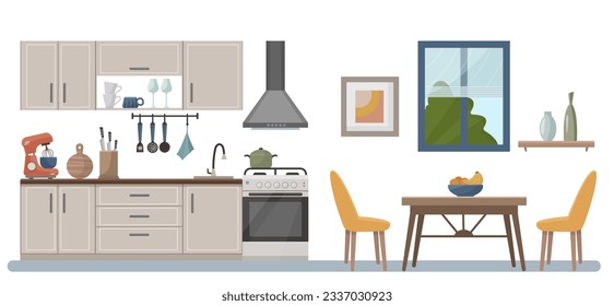 Cozy kitchen interior with furniture, stove, extractor hood. Decor for the kitchen. Kitchen furniture: table, chairs, shelf, picture, kitchen window. Vector in flat style.