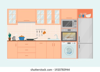 Cozy kitchen interior in peach shades, flat vector illustration. Refrigerator, oven, microwave, washing machine, flowerpot, dishes.