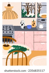 Cozy kitchen interior, sweet home card. Cosy dining table with cup, coffee machine, fir branch, winter in window. Hygge Scandinavian comfy house, modern trendy apartment. Flat vector illustration