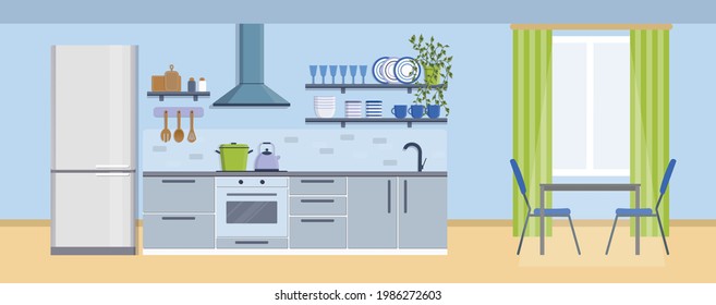 Cozy kitchen interior with table, window, stove, cupboard, dishes and fridge.
Furniture design banner concept. Dining area in the house, kitchen utensils. Illustration slide for furniture site