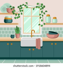 Cozy kitchen interior with washbasin, sink, window, shelves for dishes. vector illustration in a flat style.