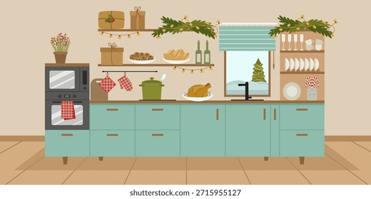 Cozy kitchen interior with a window for Christmas. Decorated with fir branches and garlands and gifts. A festive turkey, ginger biscuits, pies and drinks are prepared. Vector illustration.
