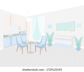 Cozy kitchen in light blue and beige tones.