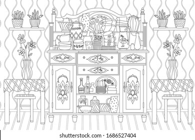 cozy kitchen with ornate vintage cupboard, tables, wall shelves, flowers in vases and pots for your coloring book