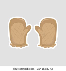 Cozy Kitchen Oven Mitts Sticker. Charming vector illustration of two brown oven mitts, ideal for baking, cooking, and kitchen safety themes