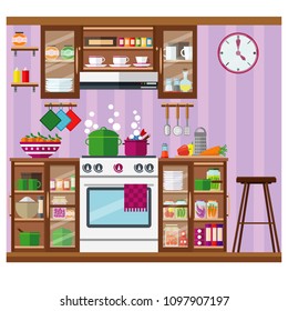 Cozy kitchen with plenty of dishes and various kitchen utensils. Set on the theme of cuisine and cooking, vector illustration.