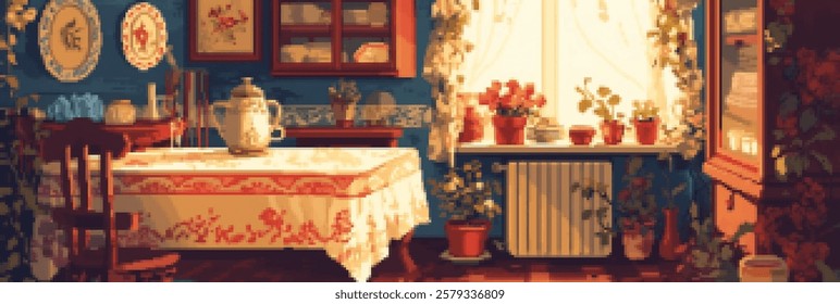 A cozy kitchen scene featuring a wooden table with a floral tablecloth, surrounded by potted plants and a window with sunlight streaming in. The walls are adorned with plates 