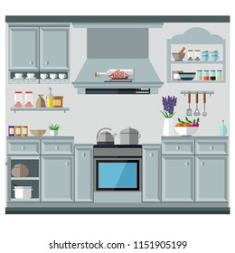 A cozy kitchen in the style of Provence with a lot of cabinets, dishes and kitchen utensils. Vector illustration, kitchen set.