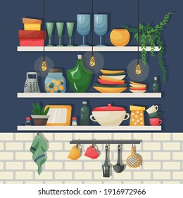 acogedora ilustración vectorial de cocina. estanterías con utensilios en una bonita cocina moderna. interior de cocina