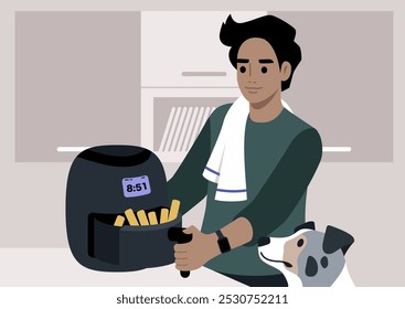 In a cozy kitchen, a young individual joyfully cooks golden fries in an air fryer, with their dog eagerly observing, creating a warm and inviting atmosphere