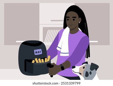 In a cozy kitchen, a young individual joyfully cooks golden fries in an air fryer, with their dog eagerly observing, creating a warm and inviting atmosphere