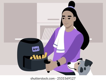 In a cozy kitchen, a young individual joyfully cooks golden fries in an air fryer, with their dog eagerly observing, creating a warm and inviting atmosphere