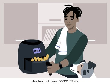 In a cozy kitchen, a young individual joyfully cooks golden fries in an air fryer, with their dog eagerly observing, creating a warm and inviting atmosphere