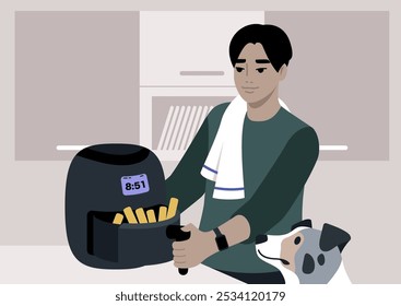 In a cozy kitchen, a young individual joyfully cooks golden fries in an air fryer, with their dog eagerly observing, creating a warm and inviting atmosphere