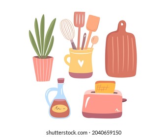 Cozy kitchenware set. Isolated kitchen tools collection - utensils, toaster, cutting board, saucepan, plant. Cute hand drawn vector illustration in flat style.